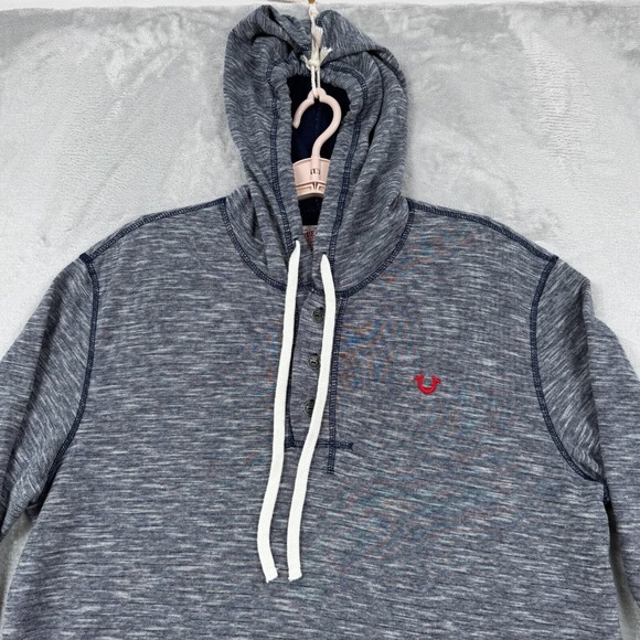 True Religion Hooded Henley Sweatshirt Men's XL Blue Long Sleeve Pullover Logo - Picture 2 of 13